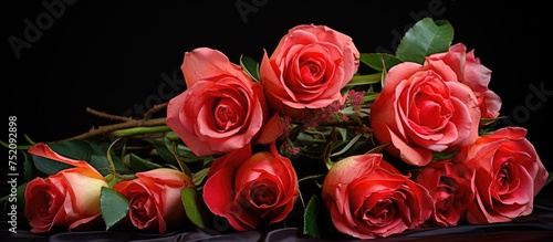 Elegant Bouquet of Vibrant Roses Against a Dramatic Black Background