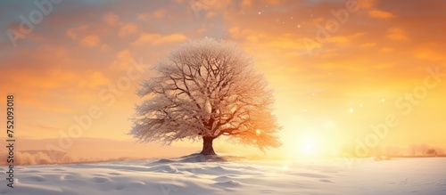 Majestic Tree Glowing in Winter s Golden Light Creates Enchanting Snow Fairy Tale Scene