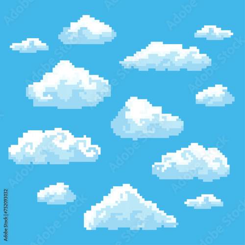Cloud pixel. Pixel cloudscape, cloud masses at blue sky. Pixelated icons for game setting and scenery. 8 bit.