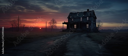 Eerie Abandoned House Standing Alone on Dusty Dirt Road in Twilight