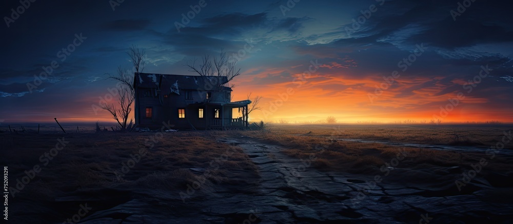 Mysterious Abandoned House Stands Alone in Vast Desert Landscape at Twilight