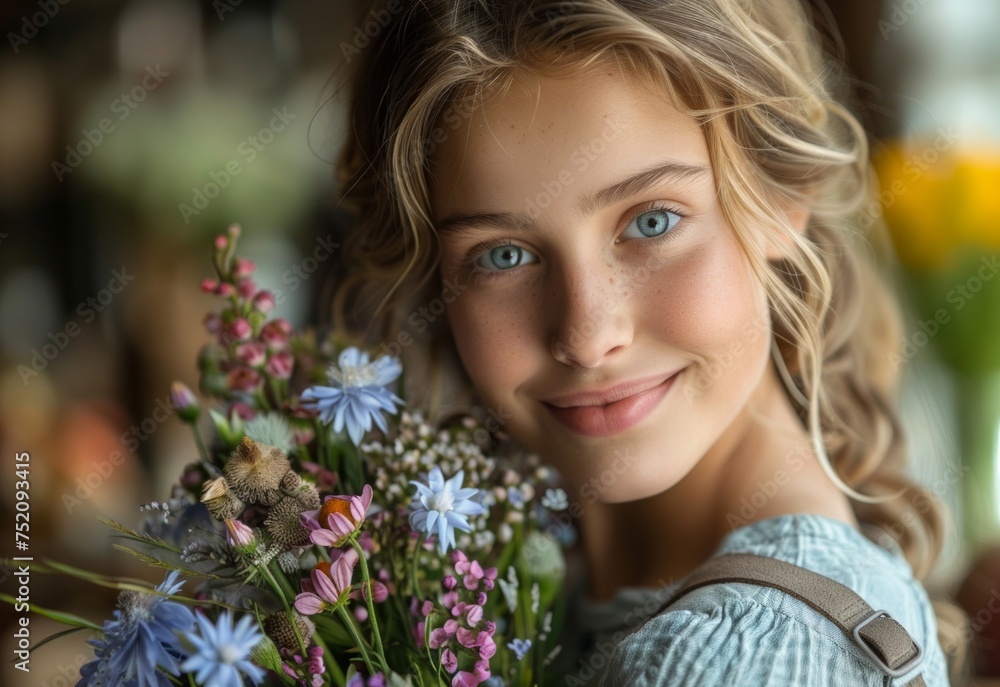 Serene Girl with a Bouquet of Wildflowers. Generative ai Serene Girl with a Bouquet of Wildflowers. Generative ai
