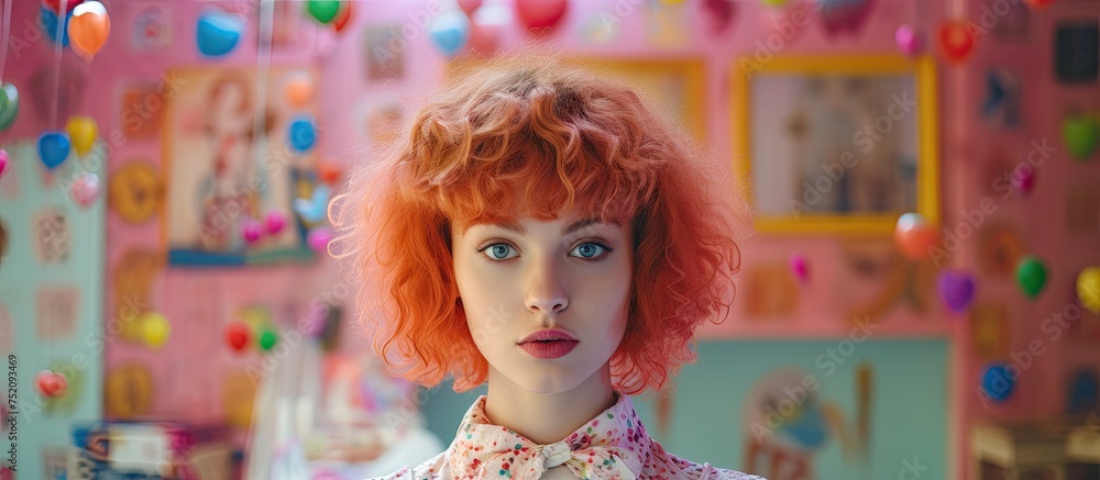 Quirky Red-Haired Doll Poses in a Whimsical Kitchen with Heart Lollipop Quirky Red-Haired Doll Poses in a Whimsical Kitchen with Heart Lollipop