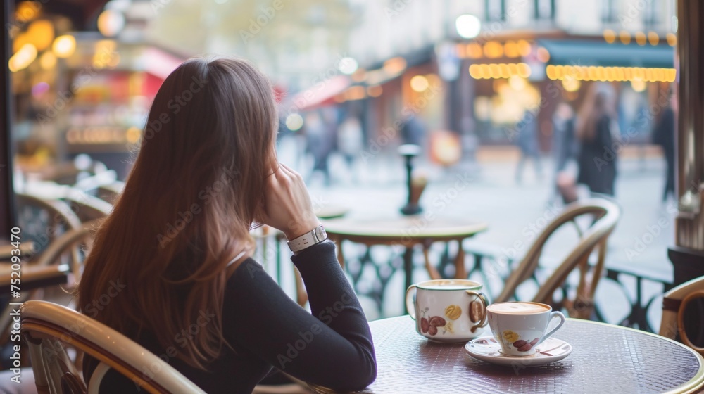 Female savoring coffee at Parisian cafe. Female savoring coffee at Parisian cafe.