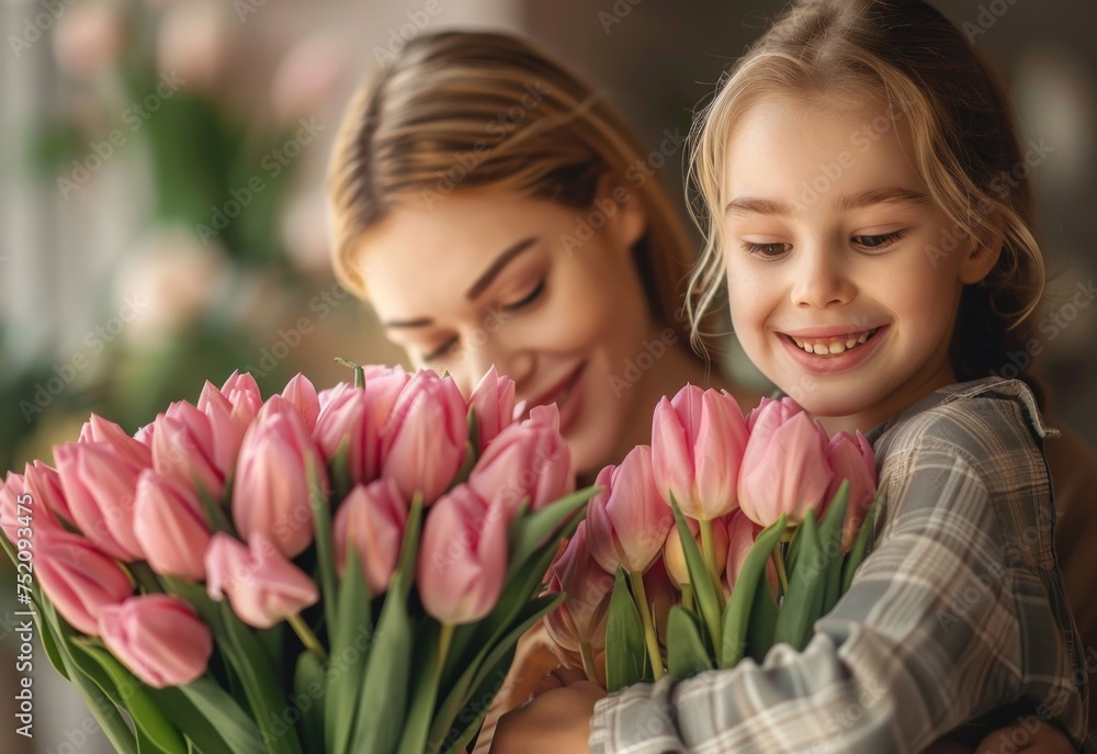 Mother and Child Sharing a Moment with Spring Tulips. Generative ai Mother and Child Sharing a Moment with Spring Tulips. Generative ai