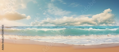 Tranquil Seaside Serenity with Rolling Waves and Delicate Clouds Over Ocean Horizon © vxnaghiyev