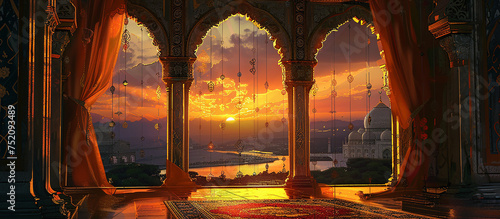 Ramadan Kareem religious background with mosque silhouettes reflected in serene sea,ramadan banner,ramadan holiday islamic photo