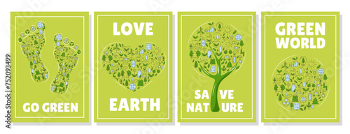 Set of ecology posters, green eco friendly tree, heart, footprint, round filled with ecological vector icons. Ecology concept, recycling sustainability, renewable energy, net zero emissions by 2050