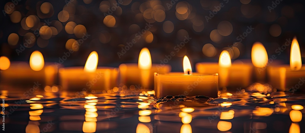 Serene Group of Lit Candles Casting Shadows in Dimly Lit Room Serene Group of Lit Candles Casting Shadows in Dimly Lit Room
