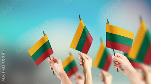 A group of people are holding small flags of Lithuania in their hands.