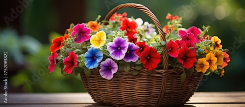 Basket Overflowing with Bright and Colorful Petunia Flowers in a Garden Setting