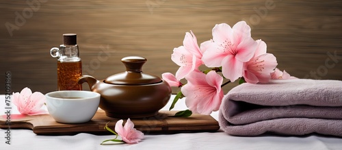 Tranquil Asian Tea Set with Delicate Pink Flower and Soft White Towels in a Serene Spa Environment