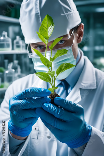 A man in a lab coat holding a plant in his gloved hands. The man is wearing a mask and a white hat
