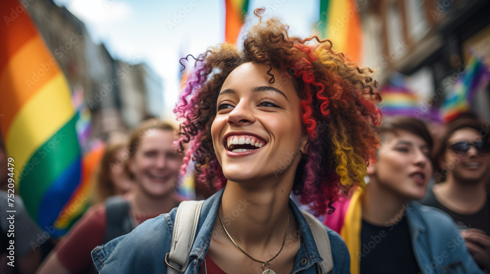 Joyful person with colorful hair smiling at pride parade with rainbow flags in the background Joyful person with colorful hair smiling at pride parade with rainbow flags in the background