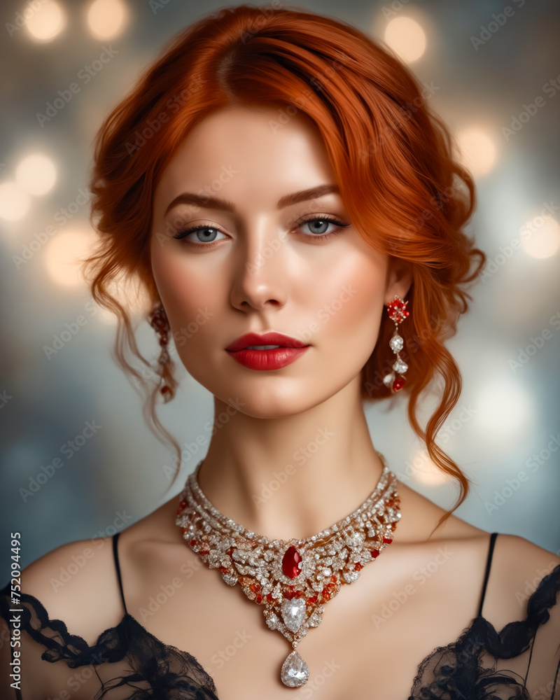 A woman with red hair and a necklace with a red gemstone pendant. She is wearing red lipstick and has a blue eye shadow