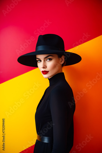 A woman in a black dress and hat is standing in front of a red and yellow background. Concept of elegance and sophistication, with the woman's red lipstick and the hat adding a touch of glamour