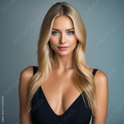 A woman with blonde hair and blue eyes is wearing a black dress. She has a very pretty and confident look on her face