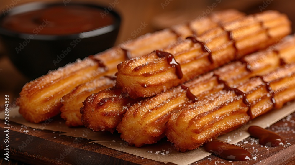 Spanish churros with powdered sugar coating and served with chocolate or caramel sauce Spanish churros with powdered sugar coating and served with chocolate or caramel sauce