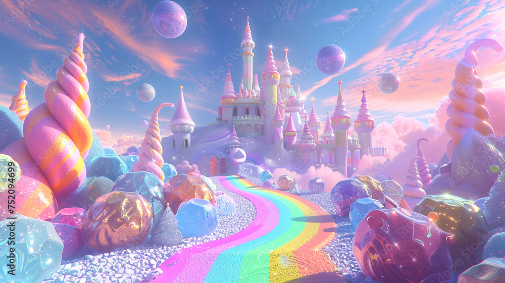 A 3D cartoon dreamland with a pathway of rainbow licorice leading to a castle of sugar glass under a sky of glowing candy orbs - obrazy, fototapety, plakaty 