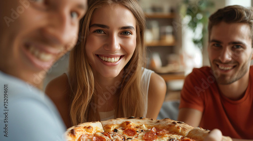 Group of friends enjoying a pizza together  smiling and sharing a meal in a cozy home setting.
