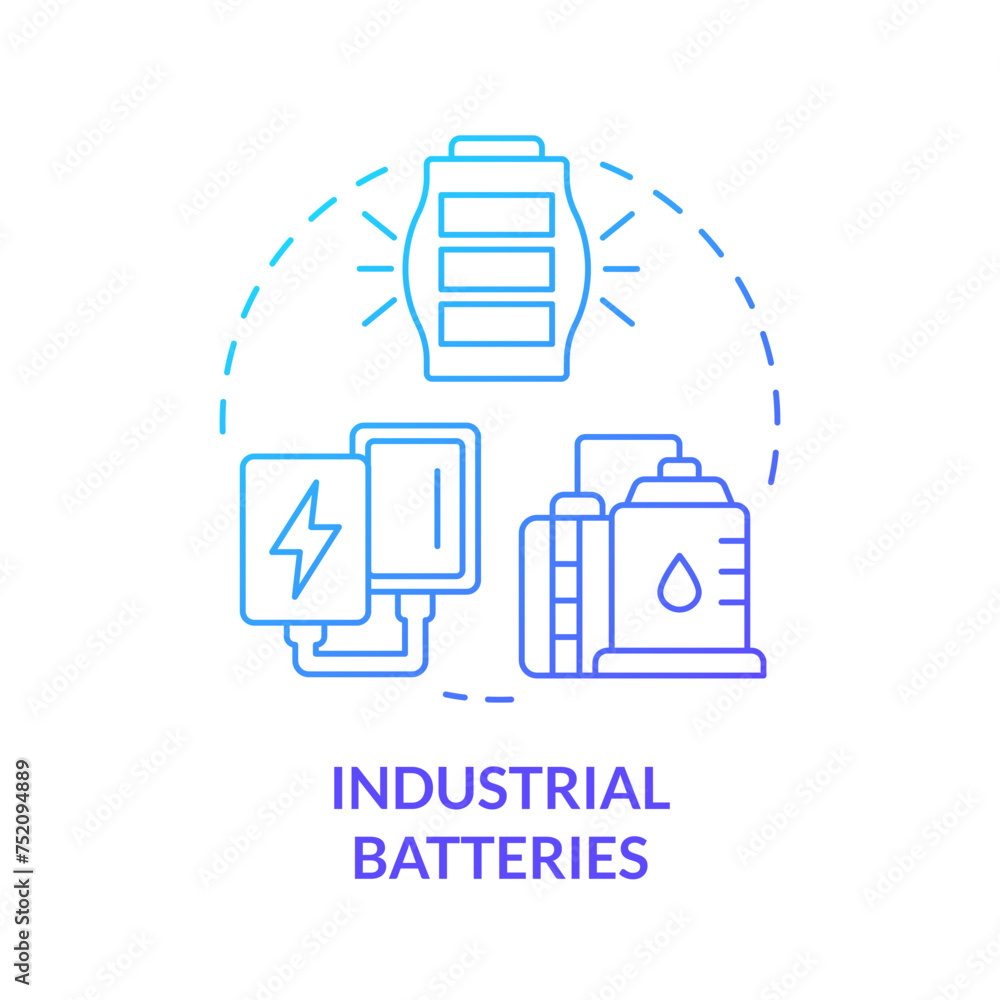 Industrial batteries blue gradient concept icon. Processing industries. Charging evolution. High energy density. Round shape line illustration. Abstract idea. Graphic design. Easy to use in brochure Industrial batteries blue gradient concept icon. Processing industries. Charging evolution. High energy density. Round shape line illustration. Abstract idea. Graphic design. Easy to use in brochure