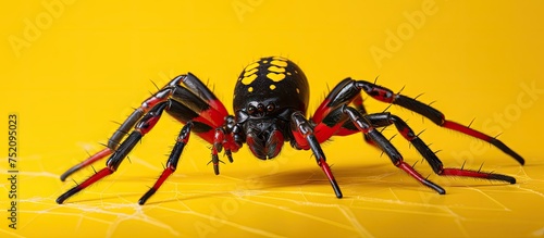 Sinister Black Widow Spider Creeps on Vibrant Yellow Background