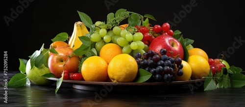 Vibrant Mix of Fruits Displayed on Rustic Table in Natural Sunlight