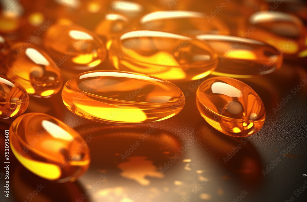 Two Omega 3 capsules isolated on a black background and many other capsules on a blurred background. Fish oil capsules close-up. The concept of healthy eating and healthy food supplements Two Omega 3 capsules isolated on a black background and many other capsules on a blurred background. Fish oil capsules close-up. The concept of healthy eating and healthy food supplements