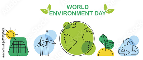 World Environment day concept background vector. Save the earth, globe, recycle symbol, windmill, solar cell. Eco friendly illustration design for web, banner, campaign, social media post.