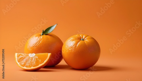 Two oranges and an orande slice on orange background photo