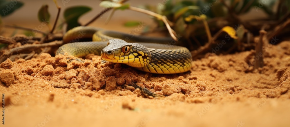 Enthralling Golden Tree Snake Devouring a Frog in the Serene Sandy Habitat Enthralling Golden Tree Snake Devouring a Frog in the Serene Sandy Habitat