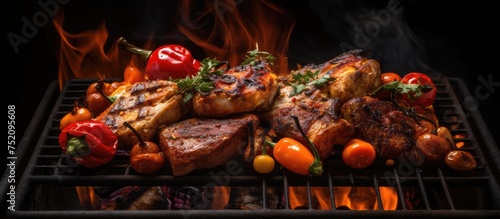 Sizzling BBQ Grill with Juicy Chicken and Fresh Vegetables Cooking over Charcoal Fire