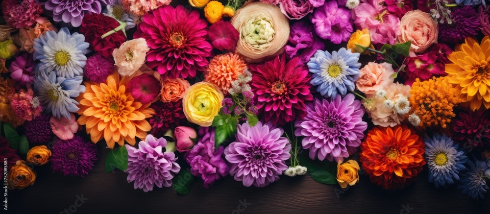 Vibrant Blooms: Colorful Flowers Basking in Sunlight on Rustic Wooden Background
