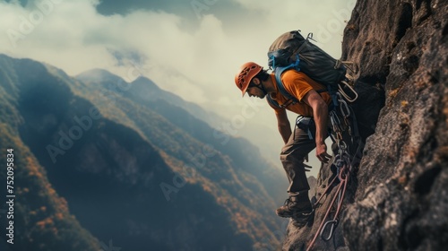 A male climber climbs a high cliff using protective equipment against the background of Mountains and Clouds. Extreme outdoor sports, Active lifestyle, bouldering concepts. A horizontal banner.