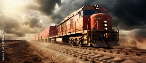 Dramatic Scene of a Runaway Freight Train with Wheels Off the Ground Racing Down the Tracks