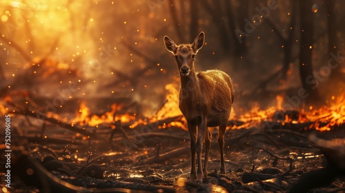A deer stands amidst the forest with a fiery backdrop in the darkness