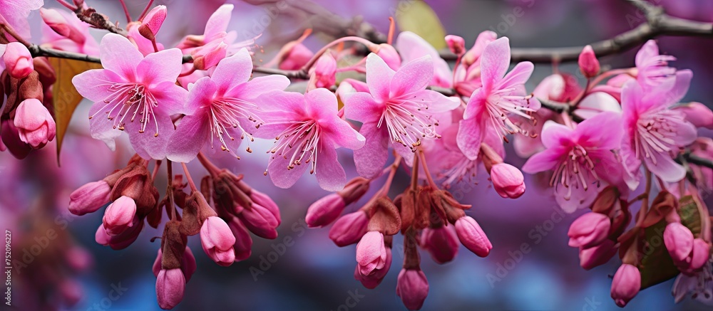 Vibrant Averrhoa Bilimbi Blossoms Adorn a Tree Branch in a Delicate Display of Pink Beauty