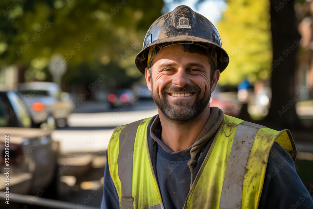 Men public works worker smiling at work. Working man. Public works job offer. AI. Men public works worker smiling at work. Working man. Public works job offer. AI.