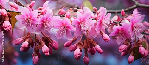 Vibrant Averrhoa Bilimbi Blossoms Adorn a Tree Branch in a Delicate Display of Pink Beauty