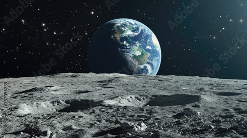 View from the Moon s surface with Earth rising over the horizon. The Earth is colored in blues  greens  and whites  contrasting the grey  cratered lunar surface. AI
