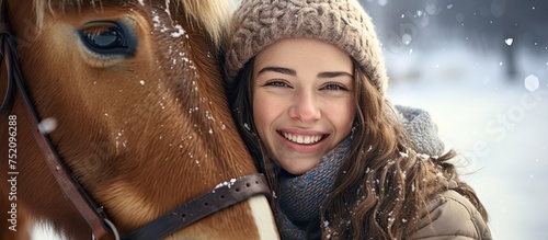 Joyful girl embracing brown...