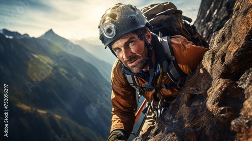 Close-up of a male climber climbing a high cliff Wearing a protective suit, using devices against the background of Mountains and Clouds. Extreme outdoor sports, Active lifestyle, bouldering concepts.