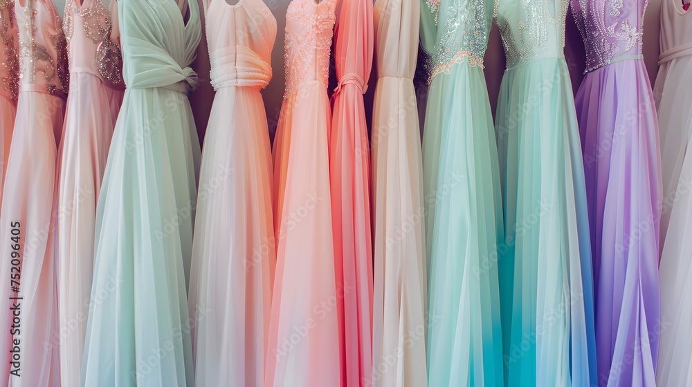 Many elegant pastel color formal dresses for sale in luxury modern shop boutique. Prom gown, wedding, evening, bridesmaid dresses dress details. Dress rental for various occasions and events