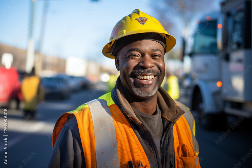 Men public works worker smiling at work. Working man. Public works job offer. Afro american man. Black man. AI.