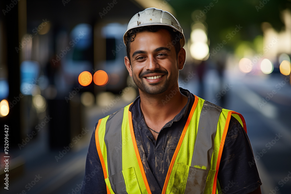 Men public works worker smiling at work. Working man. Public works job offer. AI. - obrazy, fototapety, plakaty 