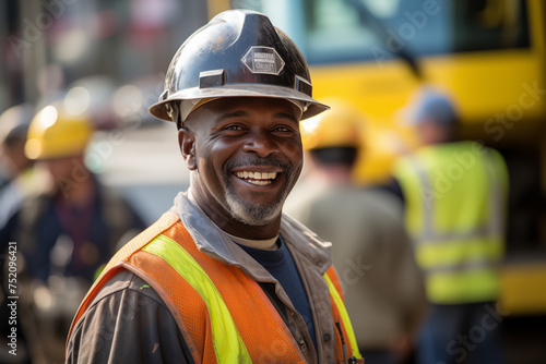 Men public works worker smiling at work. Working man. Public works job offer. Afro american man. Black man. AI.