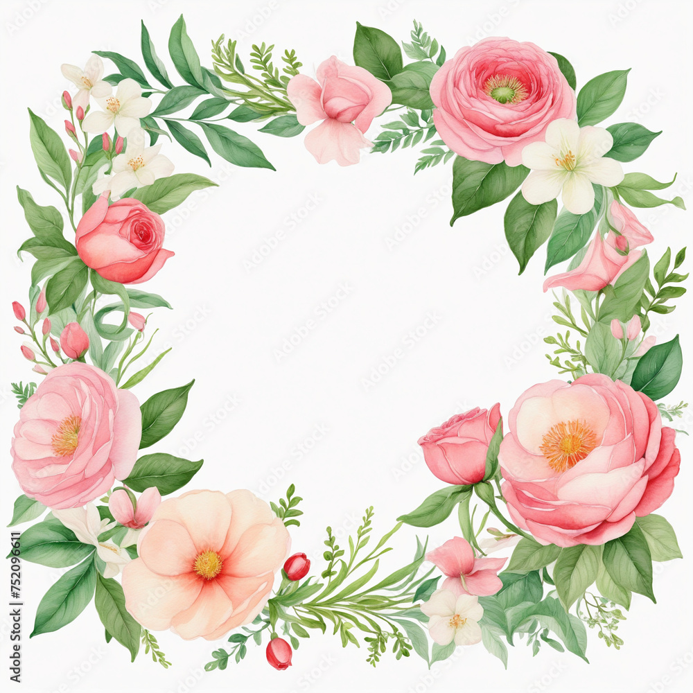 Botanical Garland Frame with Watercolor Flowers