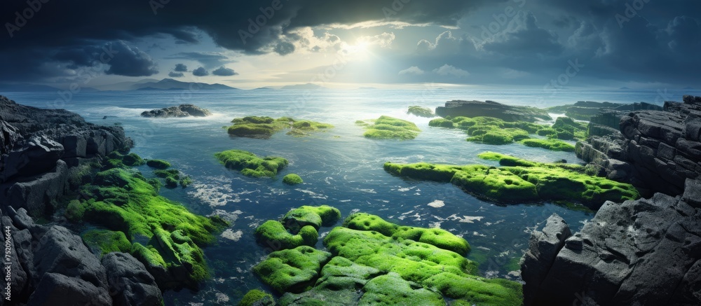Spectacular Green Algae Rocks Emerged from Stunning Ocean Waters for a Serene Seascape View
