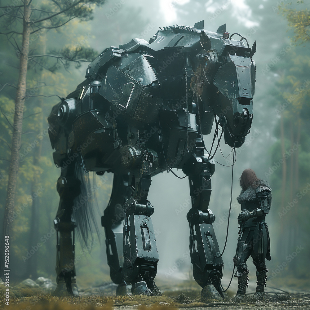 Naklejka premium Armored robot and horse in a symbiotic relationship showcasing fantastic technology in a realistic HD environment
