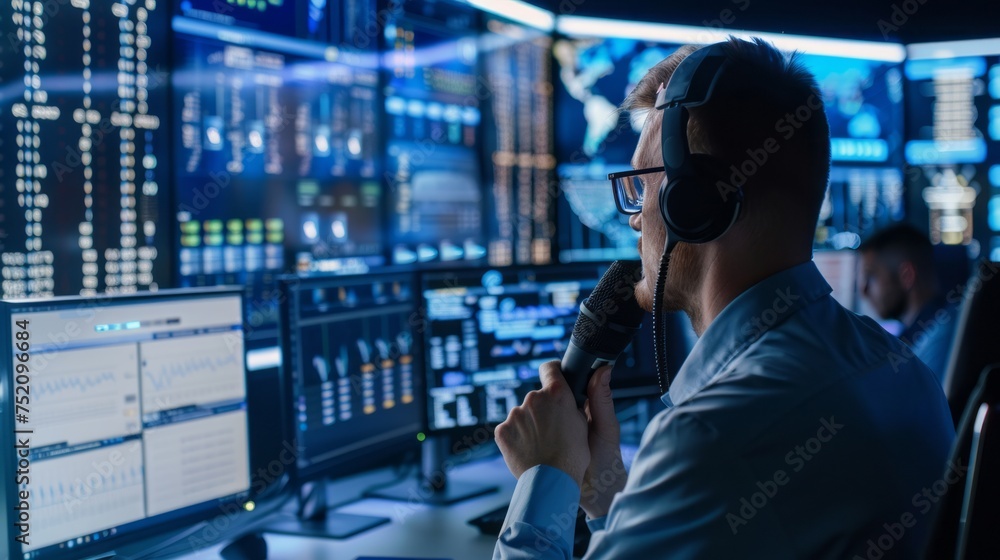 Dynamic abstract light trails: it specialist announcing on intercom, monitoring server data in control room
Dynamic abstract light trails: it specialist announcing on intercom, monitoring server data in control room